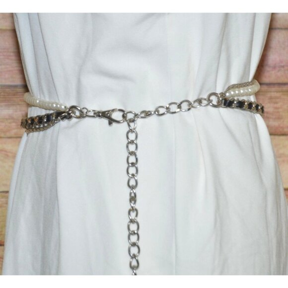 Great Multi Chain & Faux Pearl Silver Tone Adjustable Belt Faux Leather 37-50 in - Picture 7 of 8